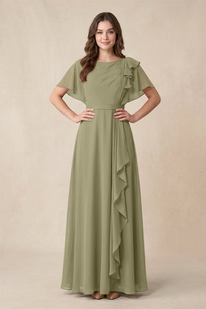Short Sleeves Bateau A - Line Chiffon Bridesmaid Dress in Thyme - KissProm Bridesmaid Dresses