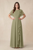 Short Sleeves Bateau A - Line Chiffon Bridesmaid Dress in Thyme - KissProm Bridesmaid Dresses