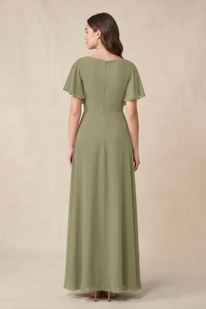 Short Sleeves Bateau A - Line Chiffon Bridesmaid Dress in Thyme - KissProm Bridesmaid Dresses