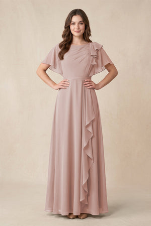 Short Sleeves Bateau A - Line Chiffon Bridesmaid Dress in Toffee - KissProm Bridesmaid Dresses