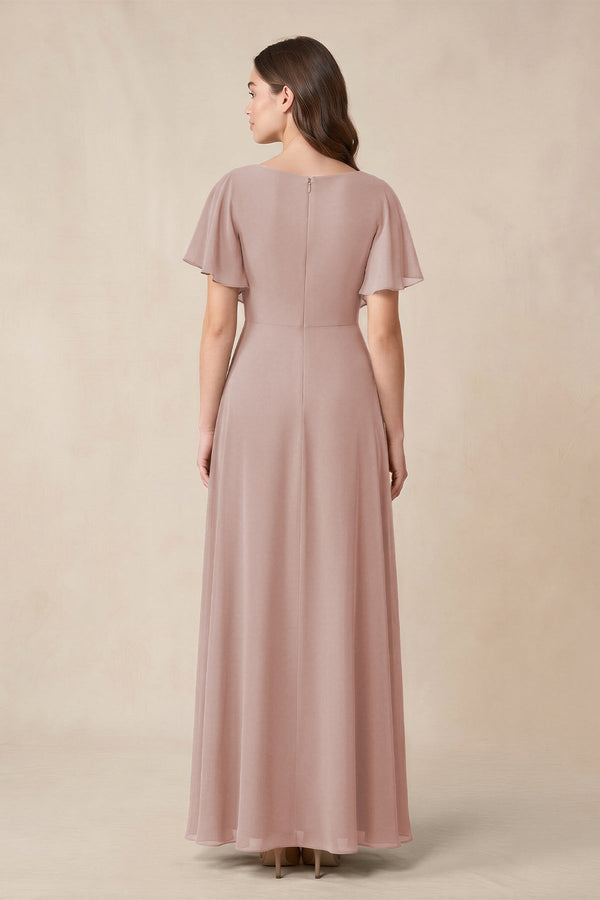 Short Sleeves Bateau A - Line Chiffon Bridesmaid Dress in Toffee - KissProm Bridesmaid Dresses