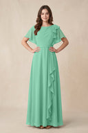 Short Sleeves Bateau A - Line Chiffon Bridesmaid Dress in Turquoise - KissProm Bridesmaid Dresses