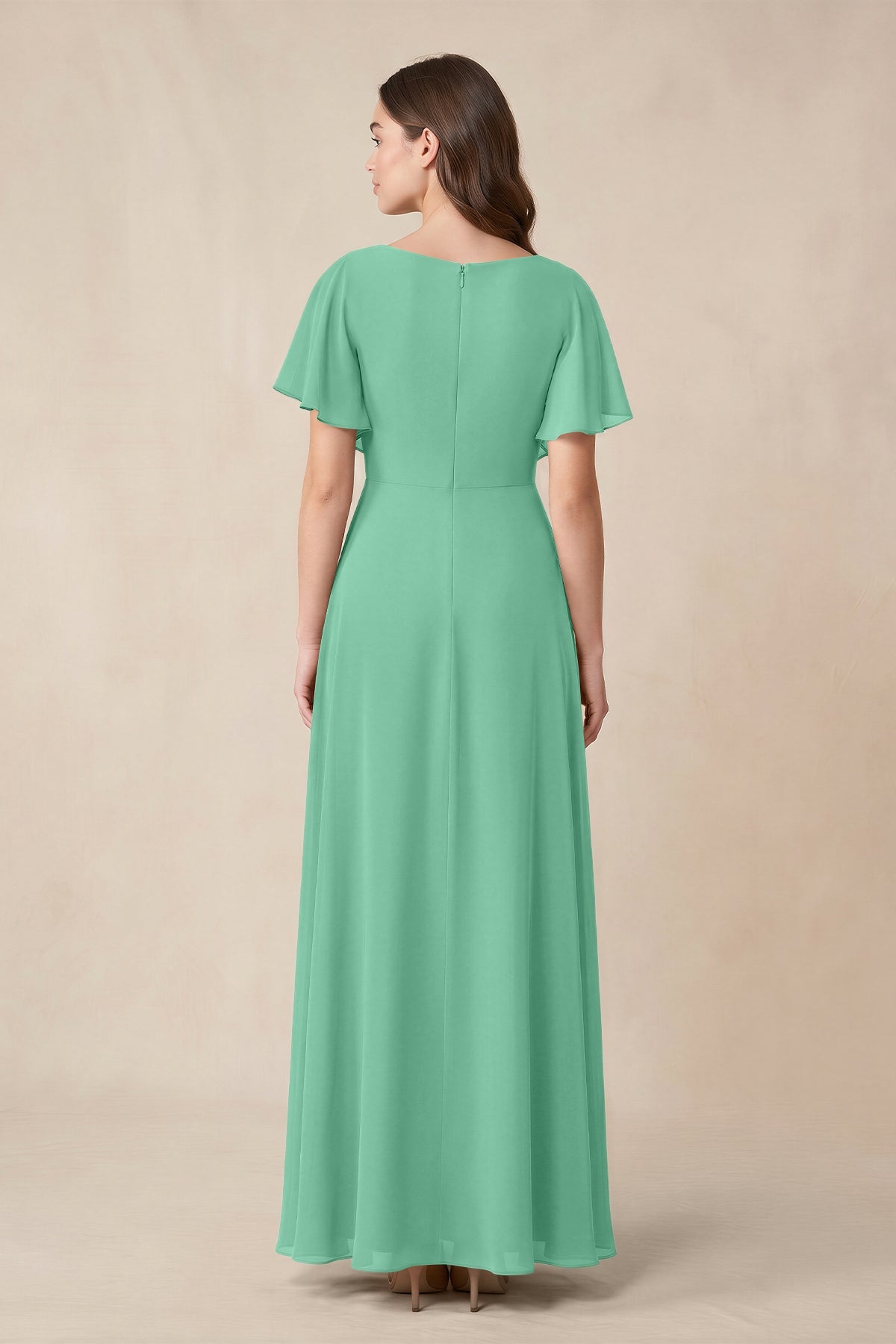 KissProm Short Sleeves Bateau A-Line Chiffon Bridesmaid Dress in Turquoise, Turquoise / 28