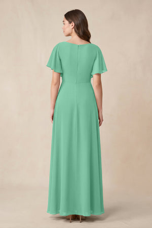 Short Sleeves Bateau A - Line Chiffon Bridesmaid Dress in Turquoise - KissProm Bridesmaid Dresses