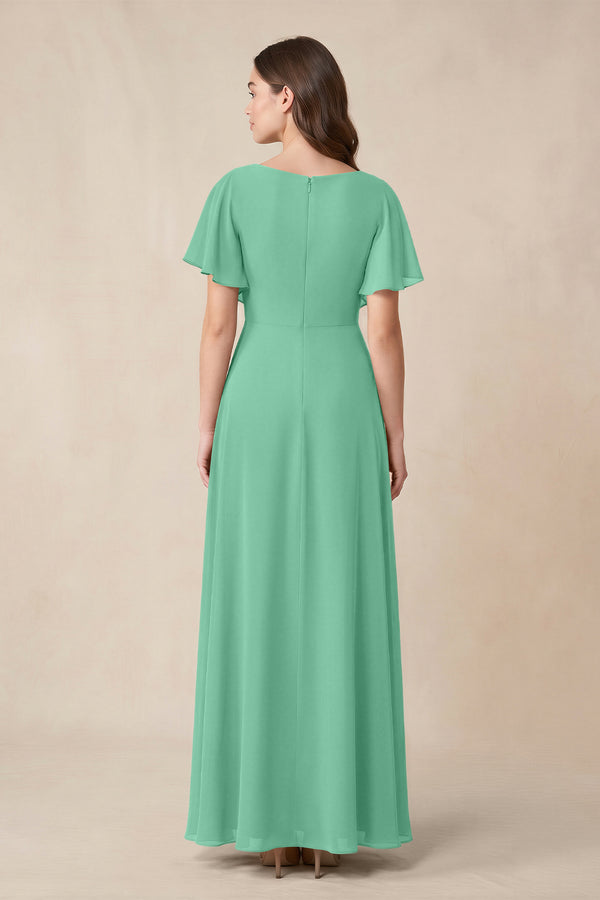 Short Sleeves Bateau A - Line Chiffon Bridesmaid Dress in Turquoise - KissProm Bridesmaid Dresses
