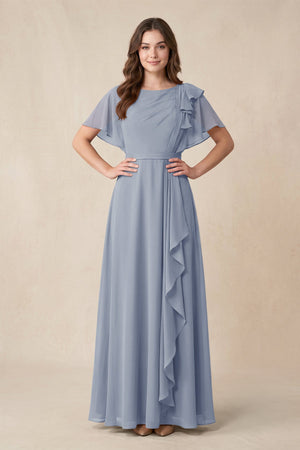 Short Sleeves Bateau A - Line Chiffon Bridesmaid Dress in Twilight - KissProm Bridesmaid Dresses