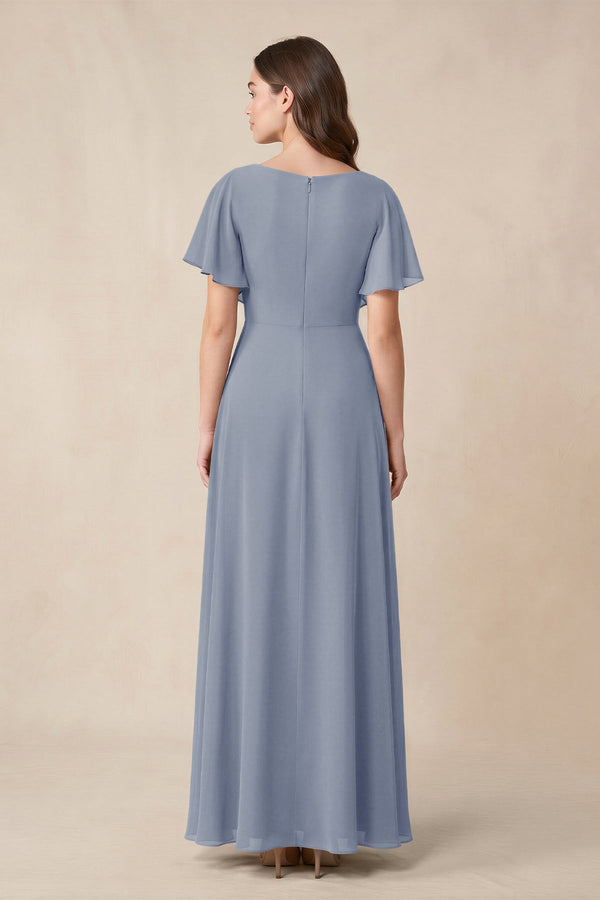 Short Sleeves Bateau A - Line Chiffon Bridesmaid Dress in Twilight - KissProm Bridesmaid Dresses