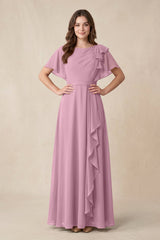 Short Sleeves Bateau A - Line Chiffon Bridesmaid Dress in Vintage Mauve - KissProm Bridesmaid Dresses