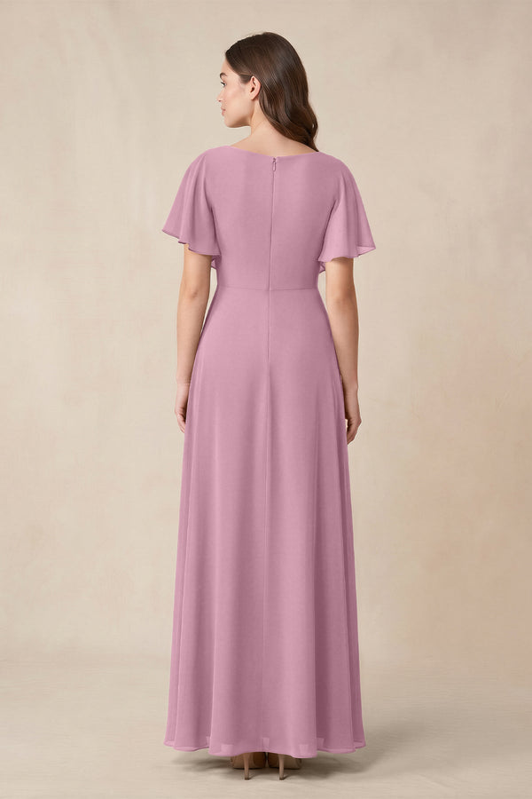 Short Sleeves Bateau A - Line Chiffon Bridesmaid Dress in Vintage Mauve - KissProm Bridesmaid Dresses
