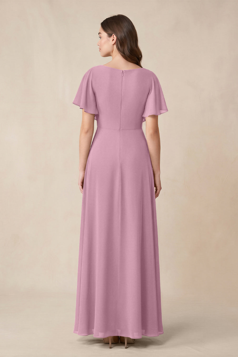 Short Sleeves Bateau A - Line Chiffon Bridesmaid Dress in Vintage Mauve - KissProm Bridesmaid Dresses