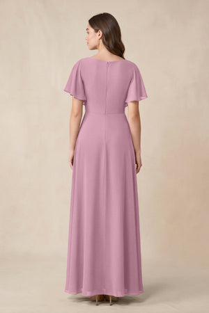 Short Sleeves Bateau A - Line Chiffon Bridesmaid Dress in Vintage Mauve - KissProm Bridesmaid Dresses