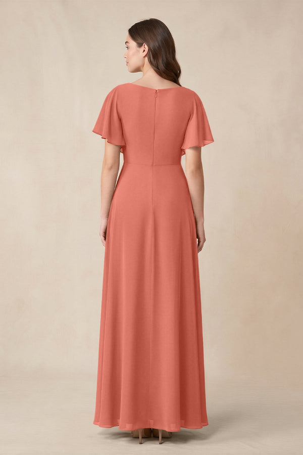 Short Sleeves Bateau A - Line Chiffon Bridesmaid Dress in Wild Rose - KissProm Bridesmaid Dresses