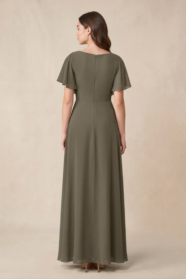 Short Sleeves Bateau A - Line Chiffon Bridesmaid Dress in Willow Green - KissProm Bridesmaid Dresses