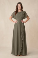 Short Sleeves Bateau A - Line Chiffon Bridesmaid Dress in Willow Green - KissProm Bridesmaid Dresses