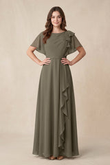 Short Sleeves Bateau A - Line Chiffon Bridesmaid Dress in Willow Green - KissProm Bridesmaid Dresses