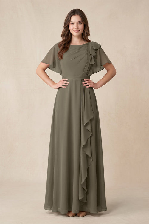 Short Sleeves Bateau A - Line Chiffon Bridesmaid Dress in Willow Green - KissProm Bridesmaid Dresses