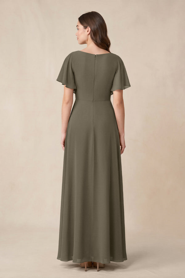 Short Sleeves Bateau A - Line Chiffon Bridesmaid Dress in Willow Green - KissProm Bridesmaid Dresses