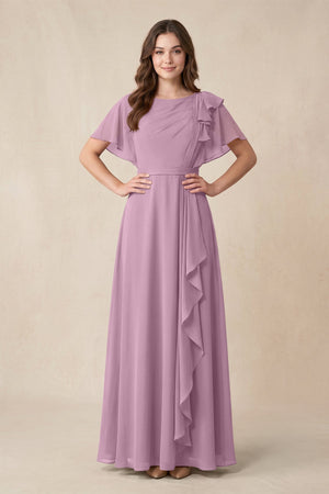 Short Sleeves Bateau A - Line Chiffon Bridesmaid Dress in Wisteria - KissProm Bridesmaid Dresses