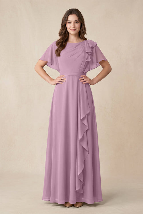 Short Sleeves Bateau A - Line Chiffon Bridesmaid Dress in Wisteria - KissProm Bridesmaid Dresses