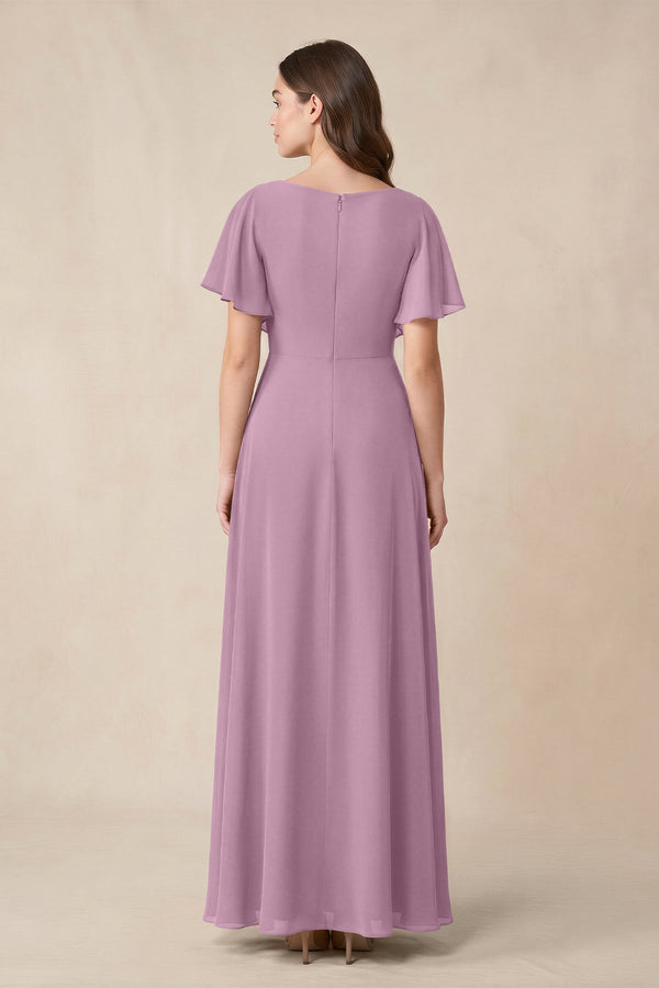 Short Sleeves Bateau A - Line Chiffon Bridesmaid Dress in Wisteria - KissProm Bridesmaid Dresses
