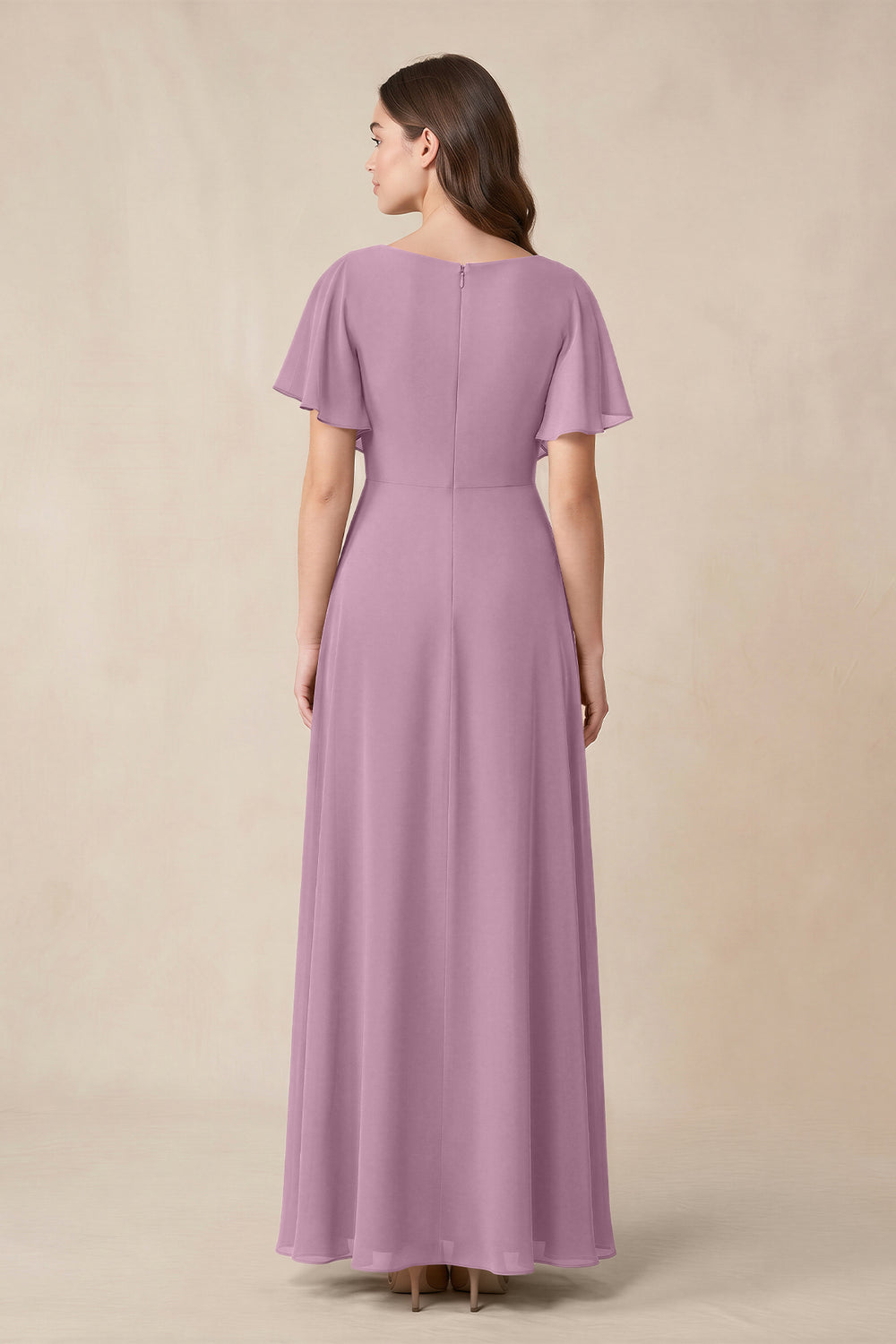 Short Sleeves Bateau A - Line Chiffon Bridesmaid Dress in Wisteria - KissProm Bridesmaid Dresses