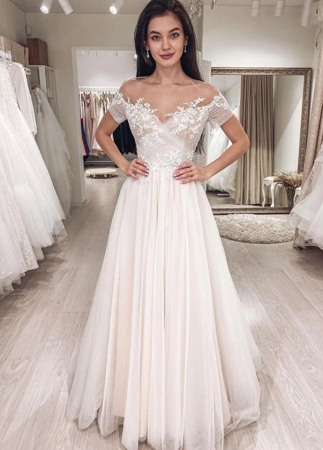 Short Sleeves Illusion Neckline A - line Lace Appliques Covered - Button Wedding Dresses - KissProm