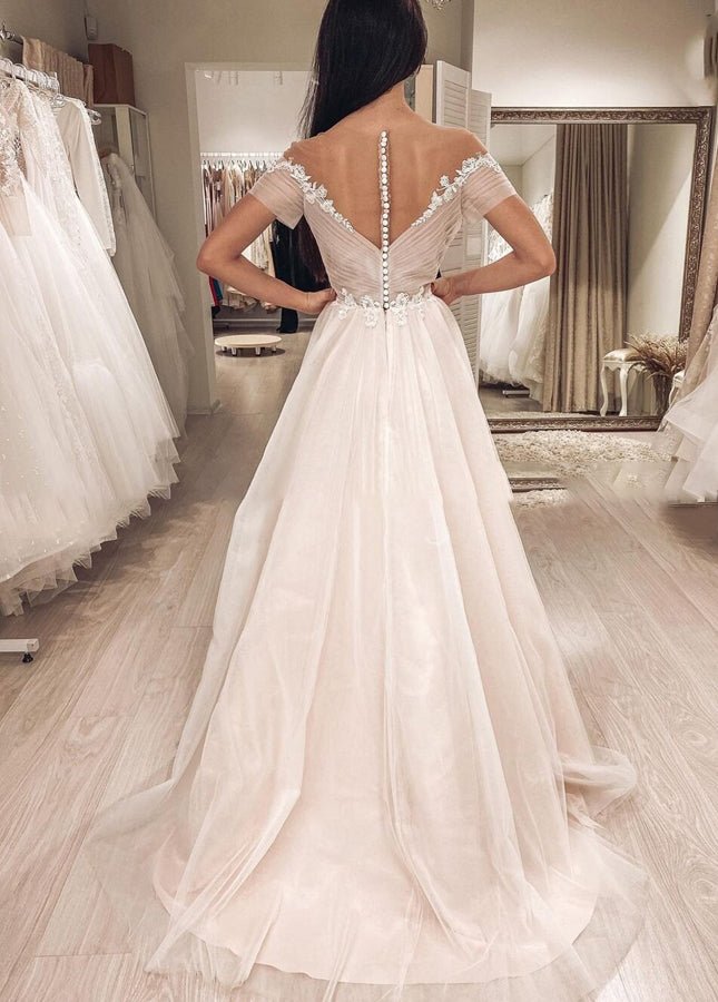 Short Sleeves Illusion Neckline A-Line Lace Appliques Covered-Button Wedding Dresses White-Nude / 22