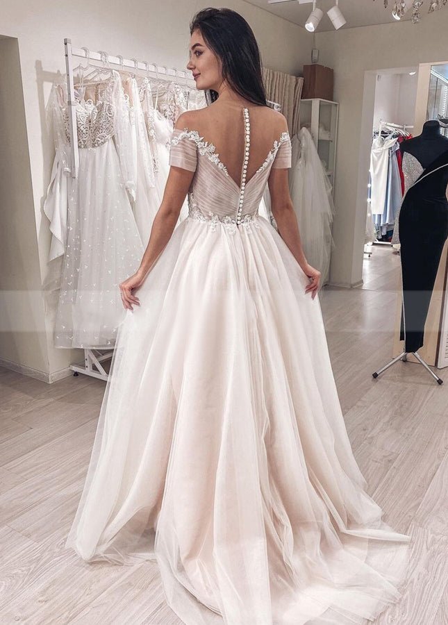 Short Sleeves Illusion Neckline A - line Lace Appliques Covered - Button Wedding Dresses - KissProm
