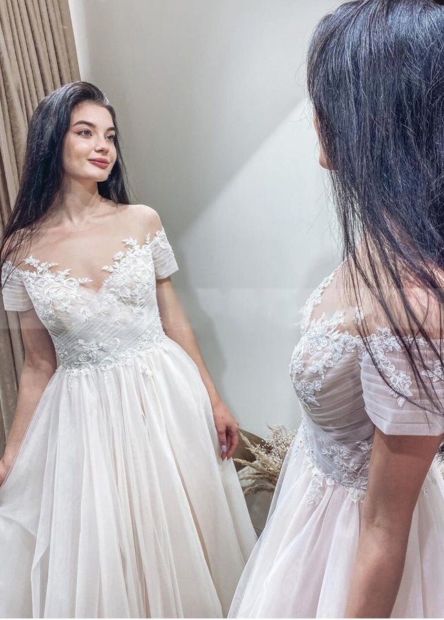 Short Sleeves Illusion Neckline A - line Lace Appliques Covered - Button Wedding Dresses - KissProm