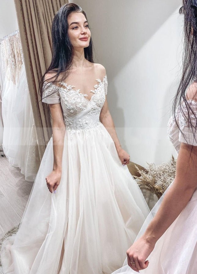 Short Sleeves Illusion Neckline A - line Lace Appliques Covered - Button Wedding Dresses - KissProm