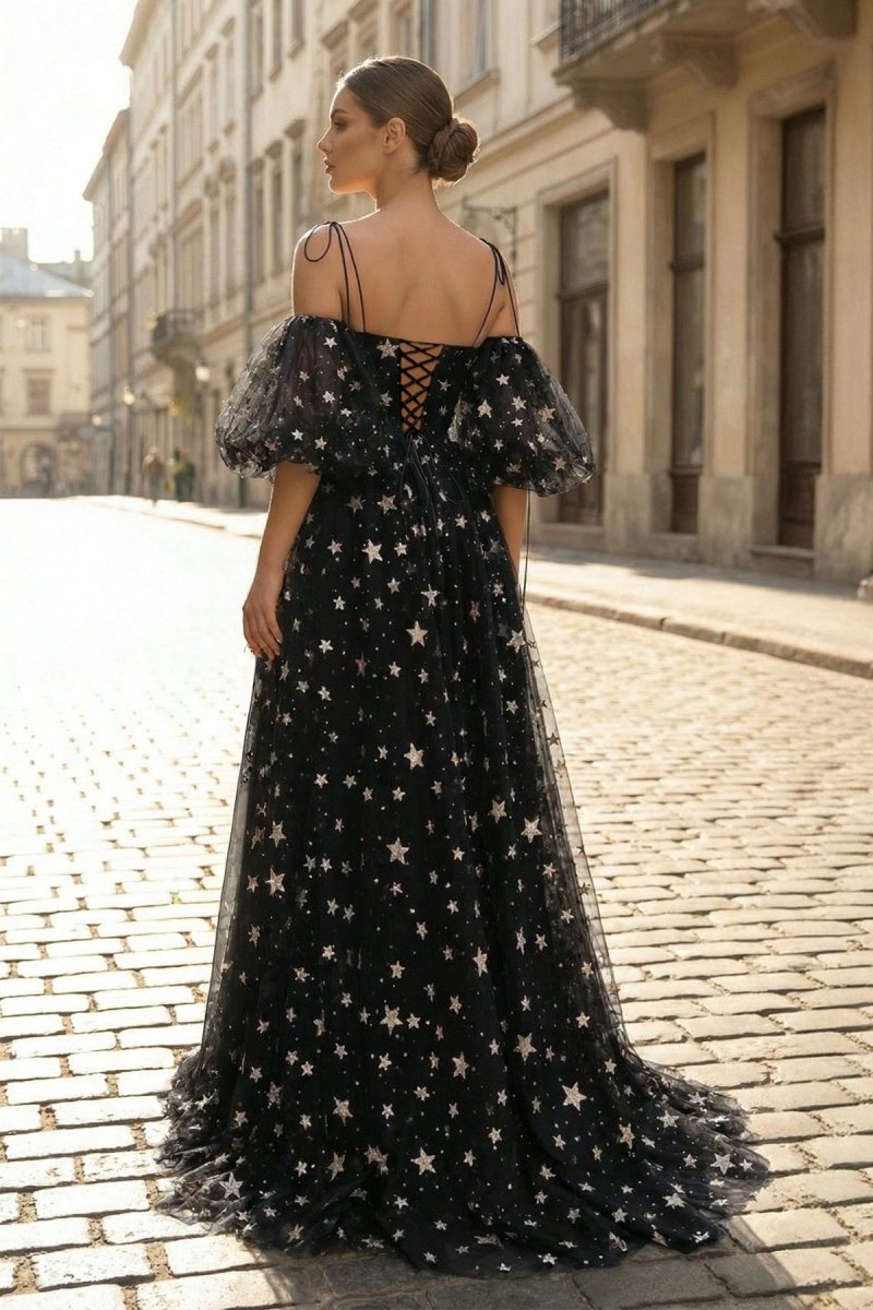 Side Slit Black Prom Dress with Stars, Black / 10