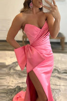 Bexley| Mermaid Red Strapless Long Satin Prom Dress with Bow Tie
