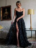 A-Line Strapless 3D Flowers Black Long Prom Dresses with Slit – Prom Dresses by KissProm | Available at KissProm