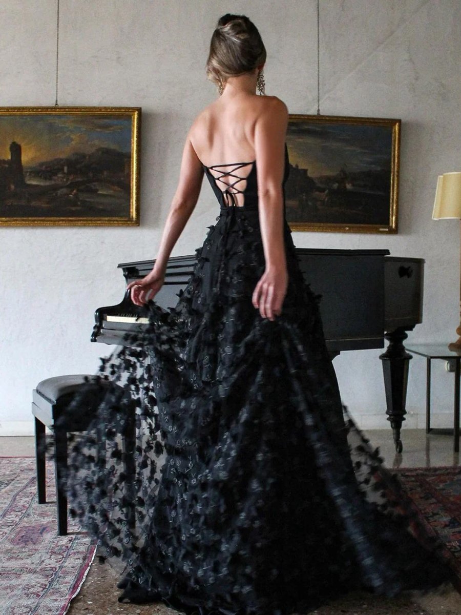 A-Line Strapless 3D Flowers Black Long Prom Dresses with Slit A-Line Strapless 3D Flowers Black Long Prom Dresses with Slit