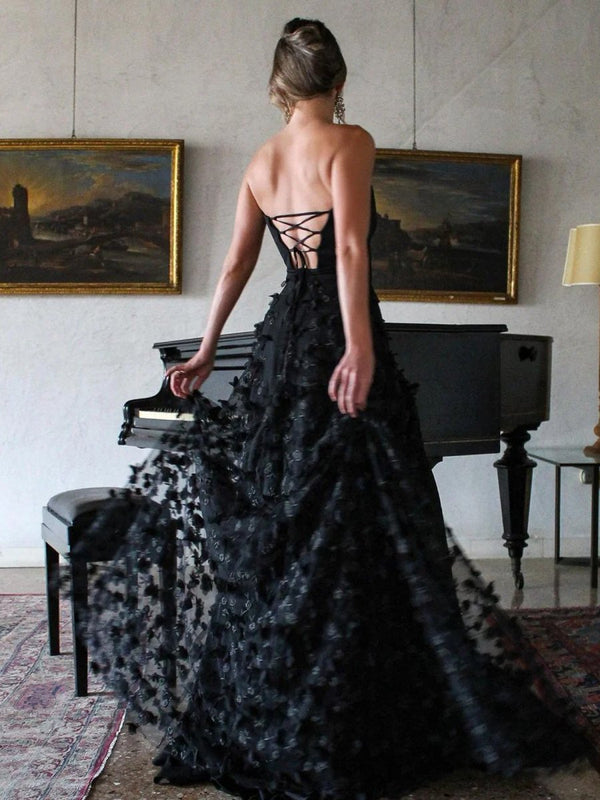 prom flowers for black dress A-Line Strapless 3D Flowers Black Long Prom Dresses with Slit, Black / 16