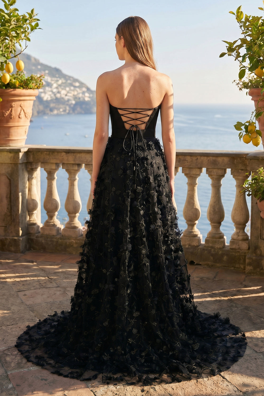 A-Line Strapless 3D Flowers Black Long Prom Dresses with Slit – Prom Dresses by KissProm | Available at KissProm