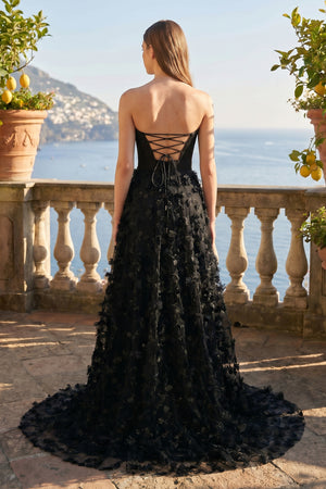 A-Line Strapless 3D Flowers Black Long Prom Dresses with Slit – Prom Dresses by KissProm | Available at KissProm