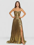 KissProm-Sileas Gold Sweetheart Metallic Pleated Long Formal Dress With Slit