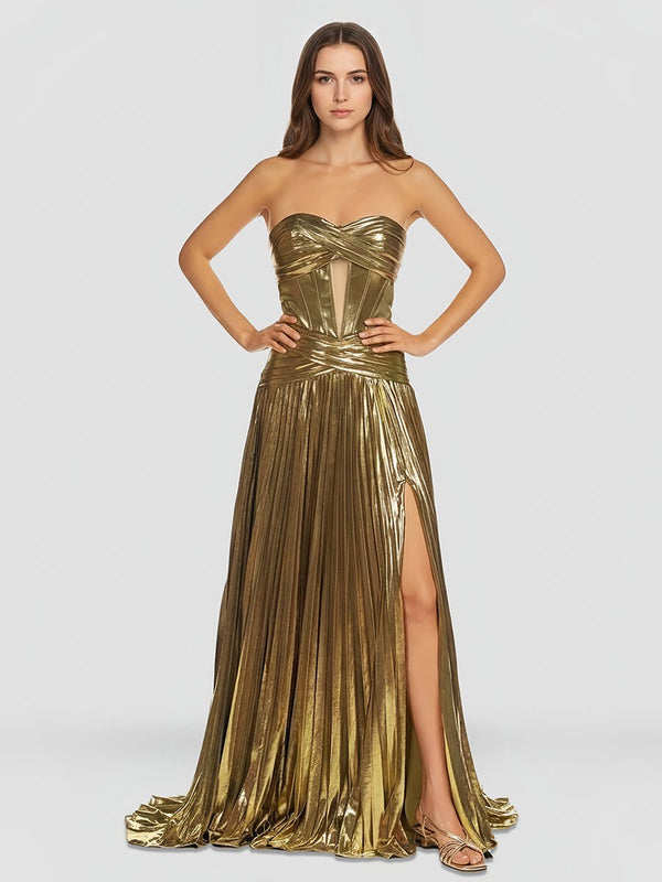 KissProm-Sileas Gold Sweetheart Metallic Pleated Long Formal Dress With Slit