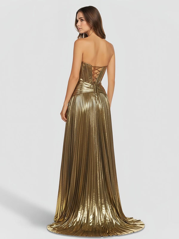 KissProm-Sileas Gold Sweetheart Metallic Pleated Long Formal Dress With Slit