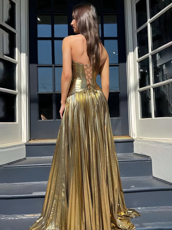 KissProm-Sileas Gold Sweetheart Metallic Pleated Long Formal Dress With Slit
