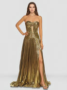 KissProm-Sileas Gold Sweetheart Metallic Pleated Long Formal Dress With Slit