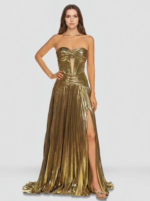 KissProm-Sileas Gold Sweetheart Metallic Pleated Long Formal Dress With Slit