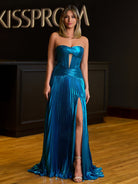 KissProm-Sileas Peacock Sweetheart Metallic Pleated Long Formal Dress With Slit