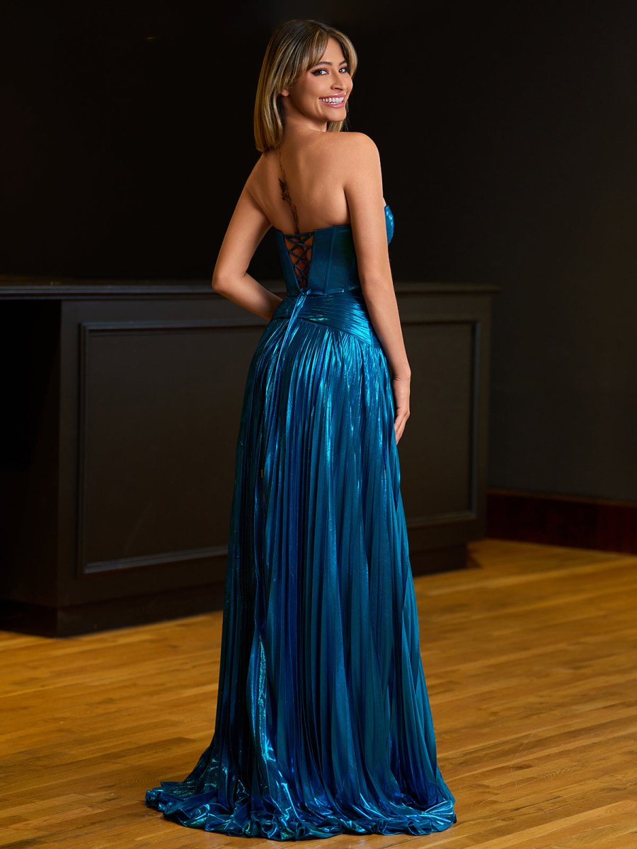 KissProm-Sileas Peacock Sweetheart Metallic Pleated Long Formal Dress With Slit
