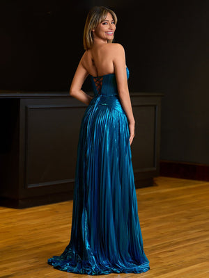 KissProm-Sileas Peacock Sweetheart Metallic Pleated Long Formal Dress With Slit