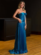 KissProm-Sileas Peacock Sweetheart Metallic Pleated Long Formal Dress With Slit