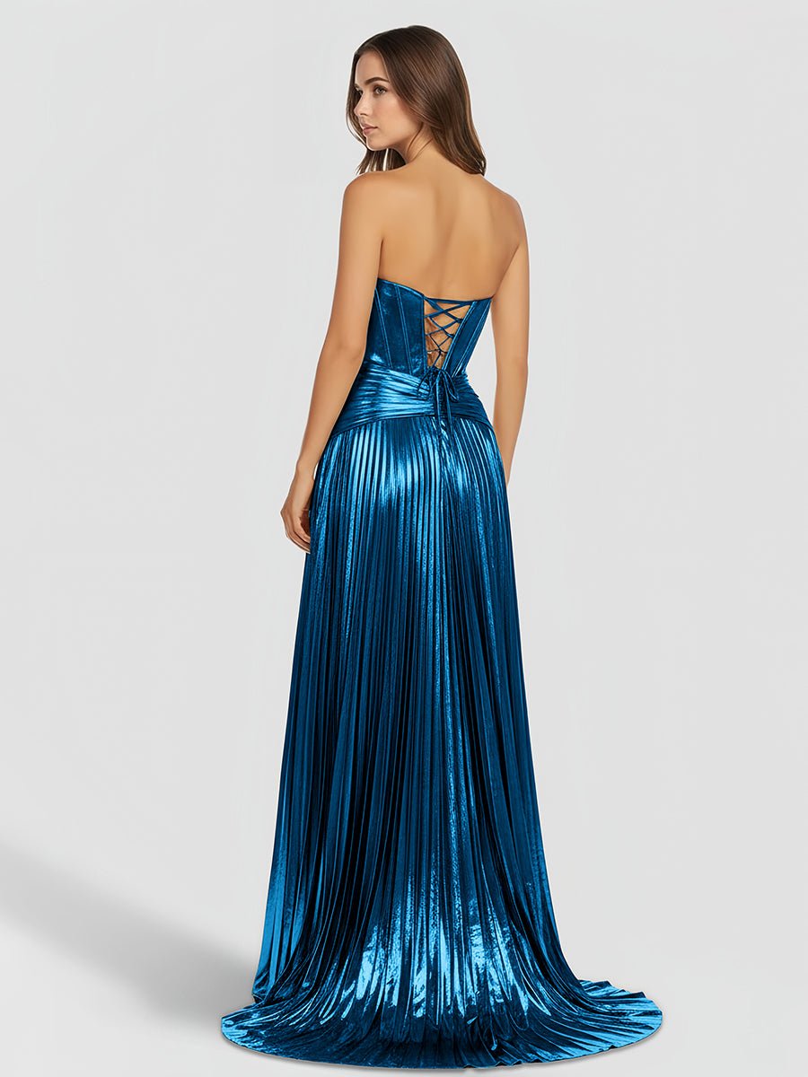 KissProm-Sileas Peacock Sweetheart Metallic Pleated Long Formal Dress With Slit