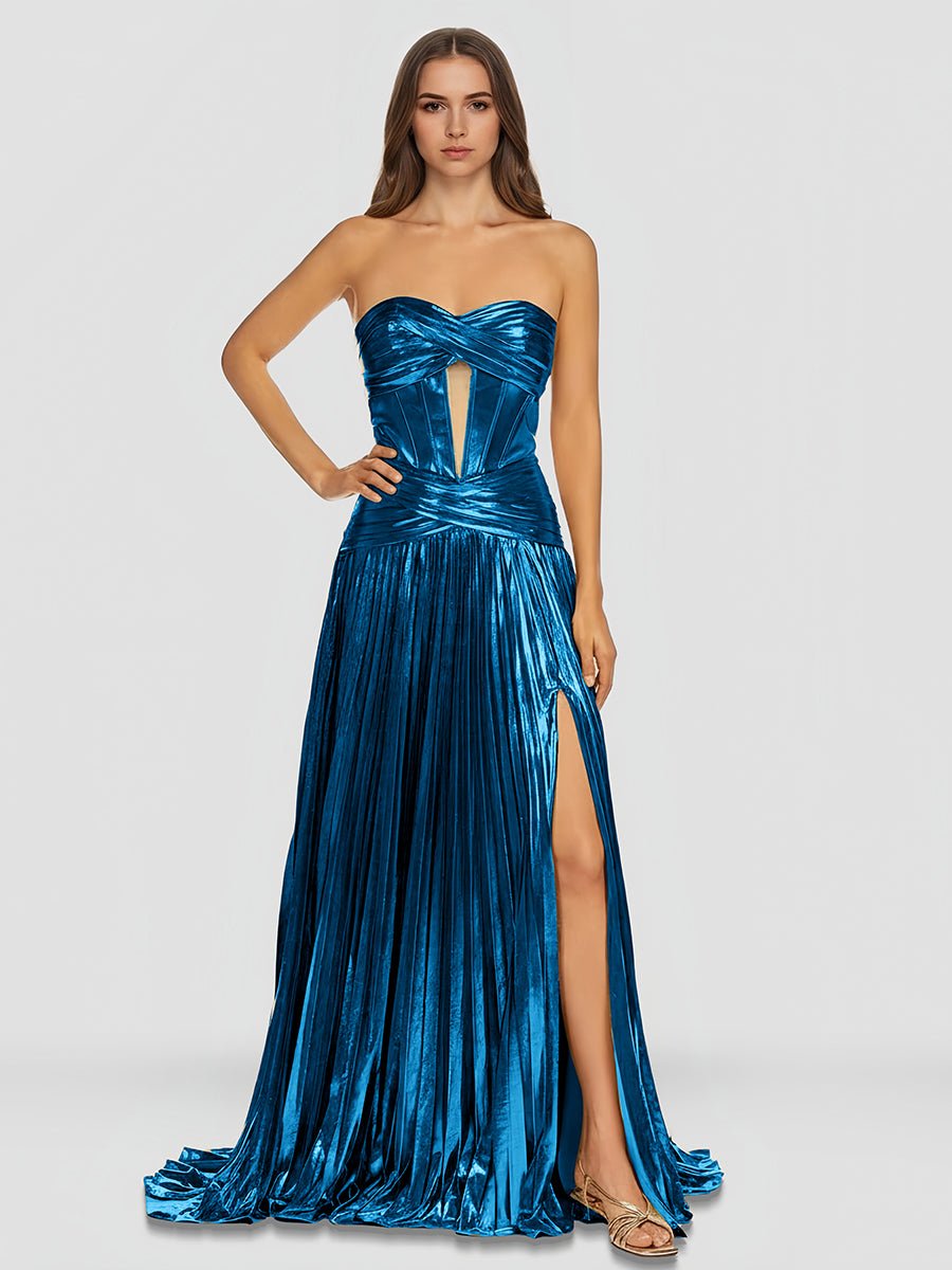 KissProm-Sileas Peacock Sweetheart Metallic Pleated Long Formal Dress With Slit