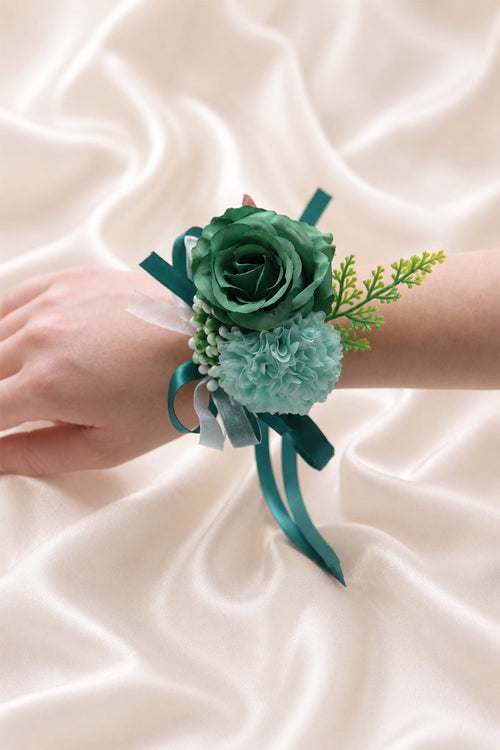 Silk Roses Artificial Bridesmaid Wrist Corsage in Dark Green - KissProm Accessories